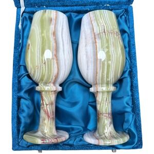 Vintage‎ Onyx Wine Goblets Set of 2 Luxury Chalices in Blue Velvet Case 10 oz